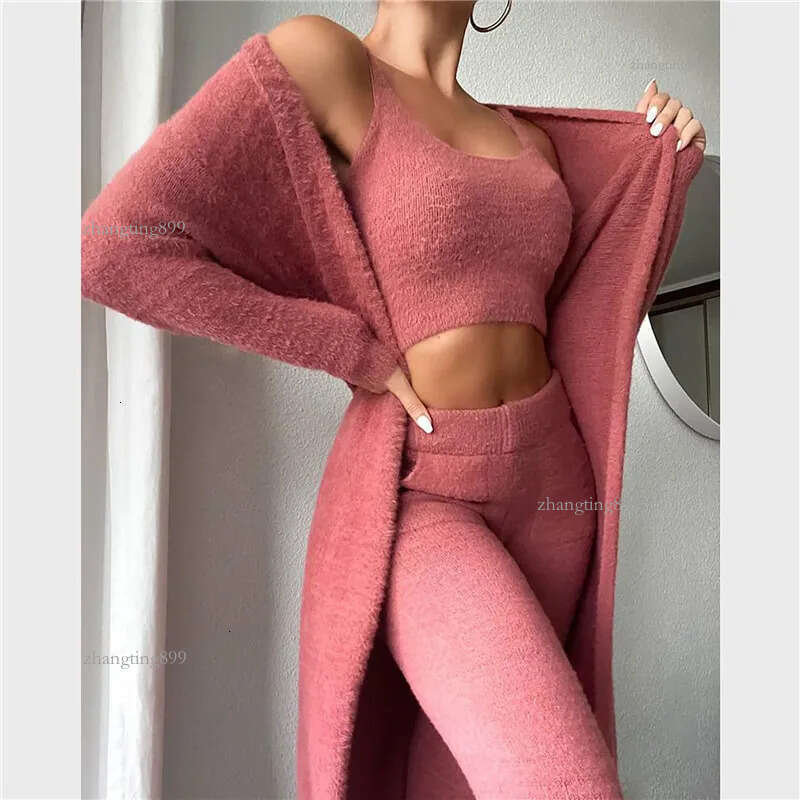 Women's Tracksuits 3pcsSet Lounge Wear Tracksuit Autumn Winter Outfits Cardigan Velvet Crop Top Long Sleeve Coat High Waist Pants Set 230131