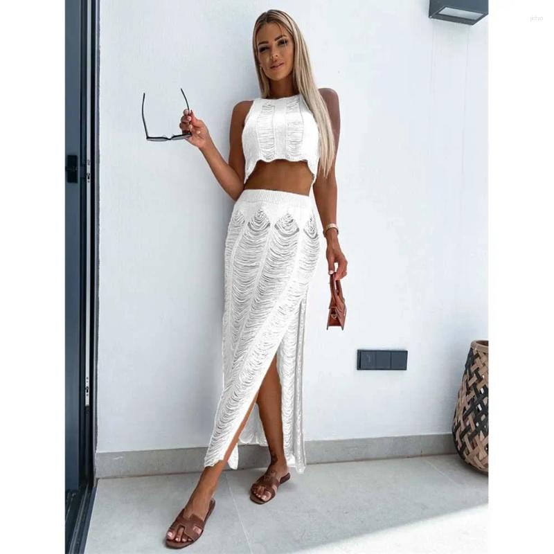 Cover-ups Knitted Sexy See Through Tassel Beach Cover Summer Camisole Blouse Bodycon Skirt Two-piece Set Hollow Out Dress