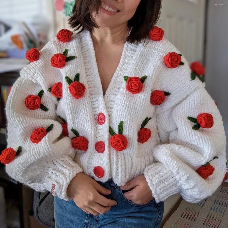 Women's Knits Women Y2k Flower Cropped Knit Cardigan Top Long Sleeve 3D Roses Button Closure Chunky Casual Jacket Sweater Winter Outwear