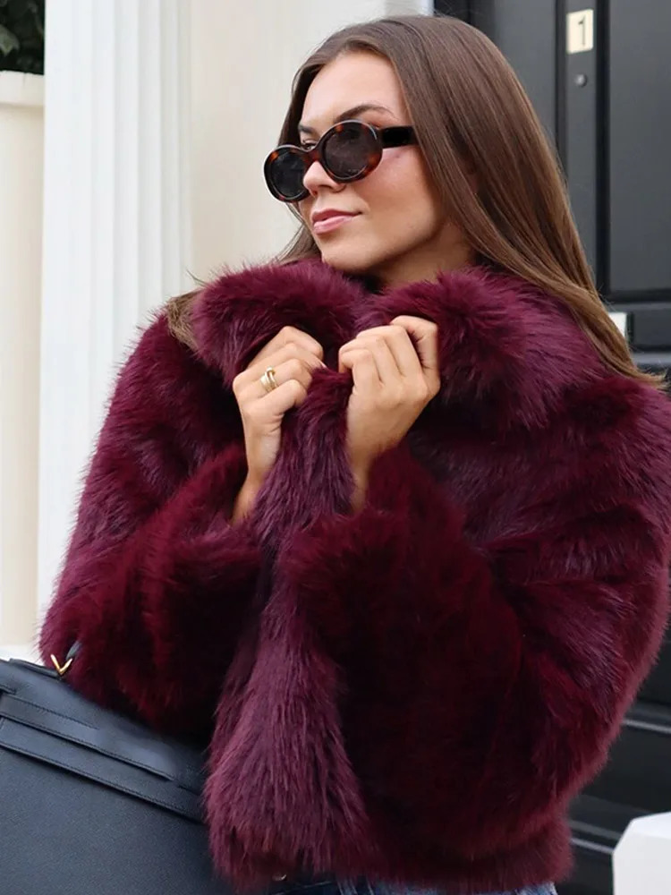Vintage Burgundy collar long sleeved short sleeved warm jacket elegant solid color loose faux fur leather jacket womens street jacket 241128