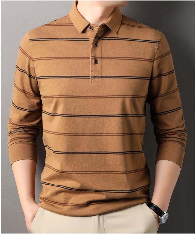 Cotton Men's Long-sleeved T-shirt Spring Autumn Casual Lapel Striped Polo Shirt Loose Washed Bottoming Tshirt Plus Size XXXL Tops Tees