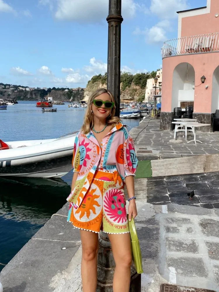 Summer Printed Colorful Shirts Shorts Set Women Short Sleeve Lapel Singlebreasted 2 Piece Suit Female Lady Holiday Outfits 240423
