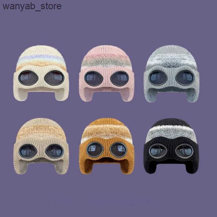 Beanie/Skull Caps Autumn and winter warm ski mask hat with sunglasses knitted and pulled Beanie womens outdoor ear protection sports cold hat Gorras L