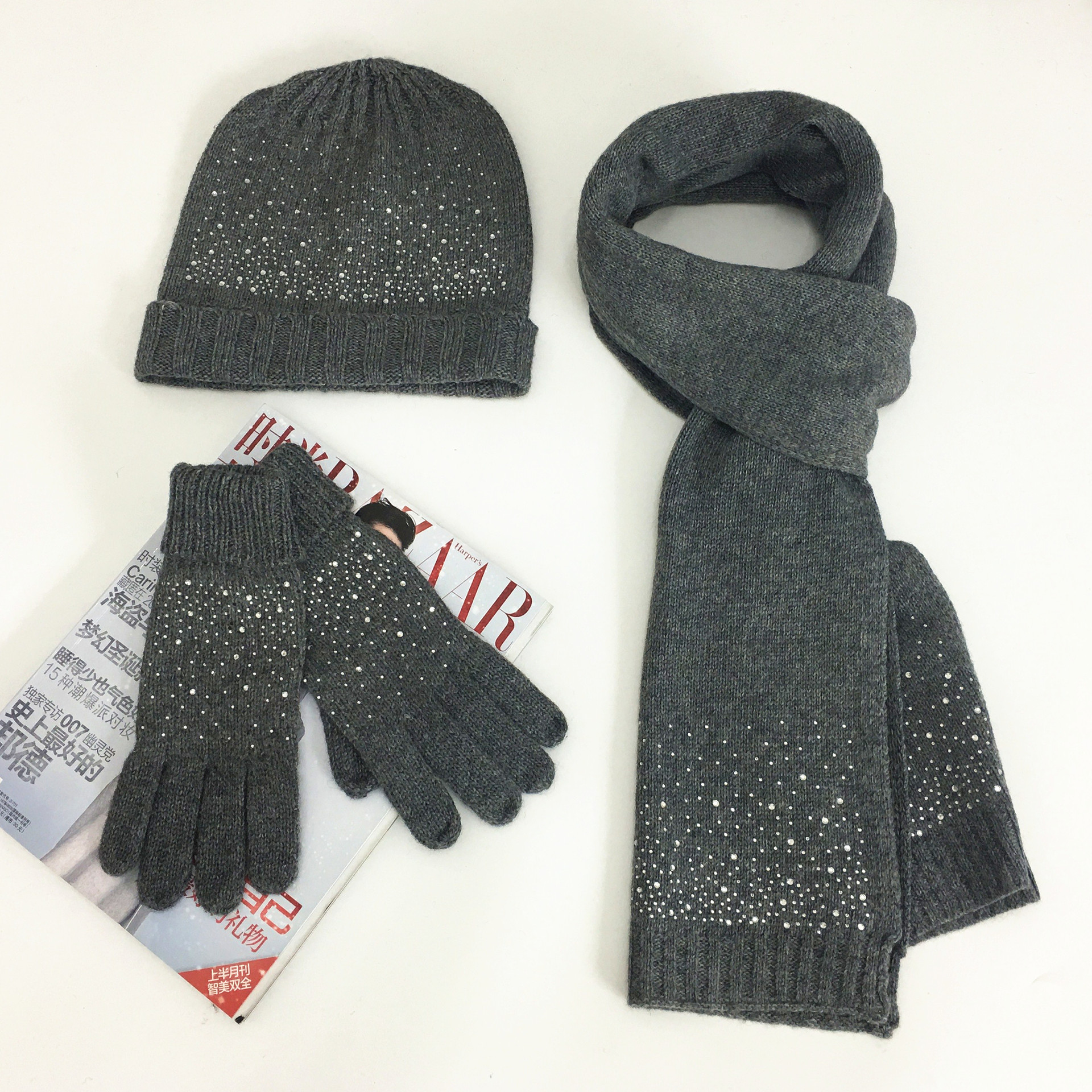 New European and American fashion three piece set with hot drilling for autumn and winter warmth hat scarf glove set factory direct sales