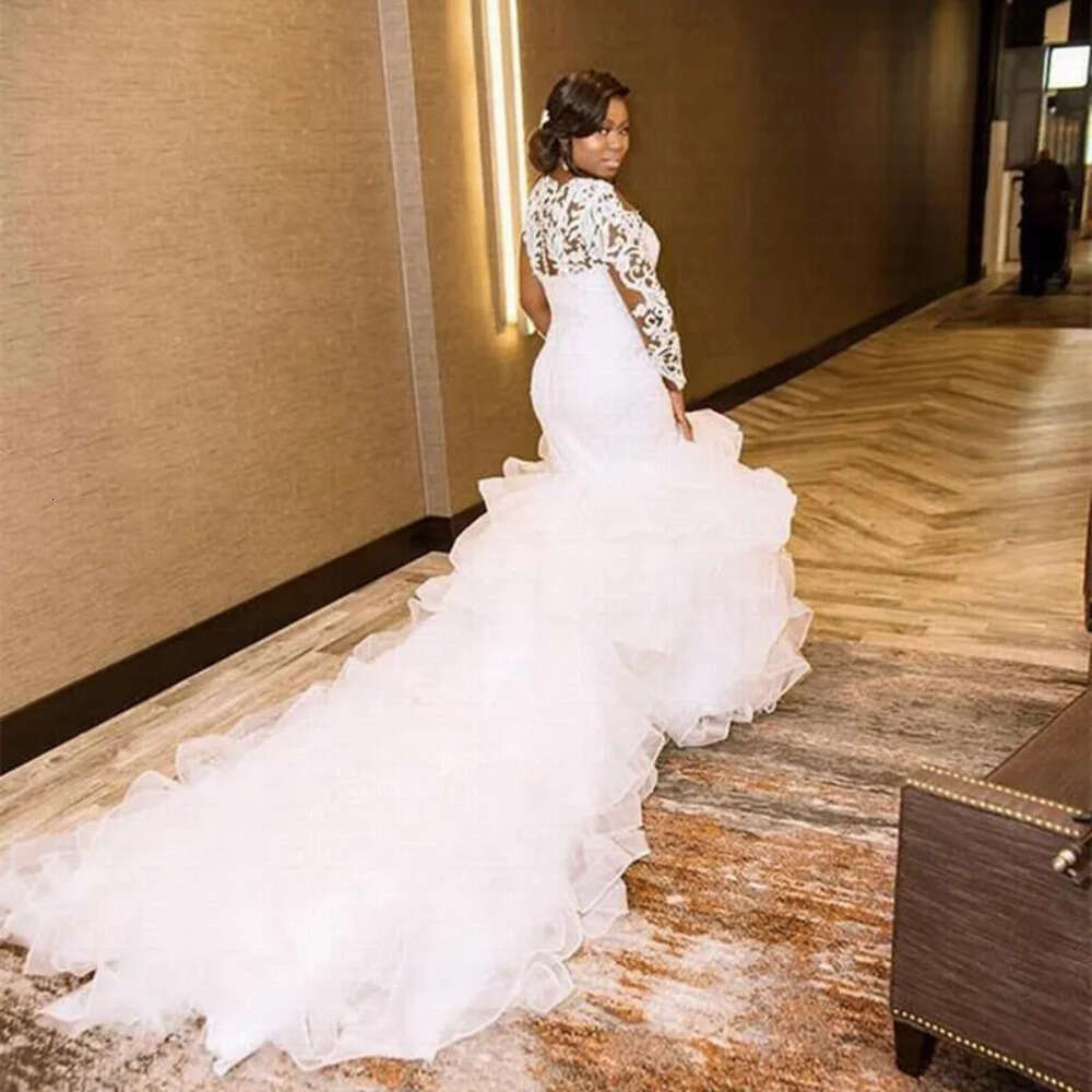 Illusion Sexy Dresses Mermaid Wedding Long Sleeves Lace Crystal Beads Organza Chapel Train Ruffles Tiered Plus Size Bridal Gowns Vestidos De Novia Bes