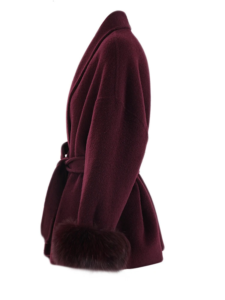EAM Wine Red Fur Cuff Big Size Belted Woolen Coat Lapel Long Sleeve Women Jacket Fashion Autumn Winter 2024 CPG2347 241121
