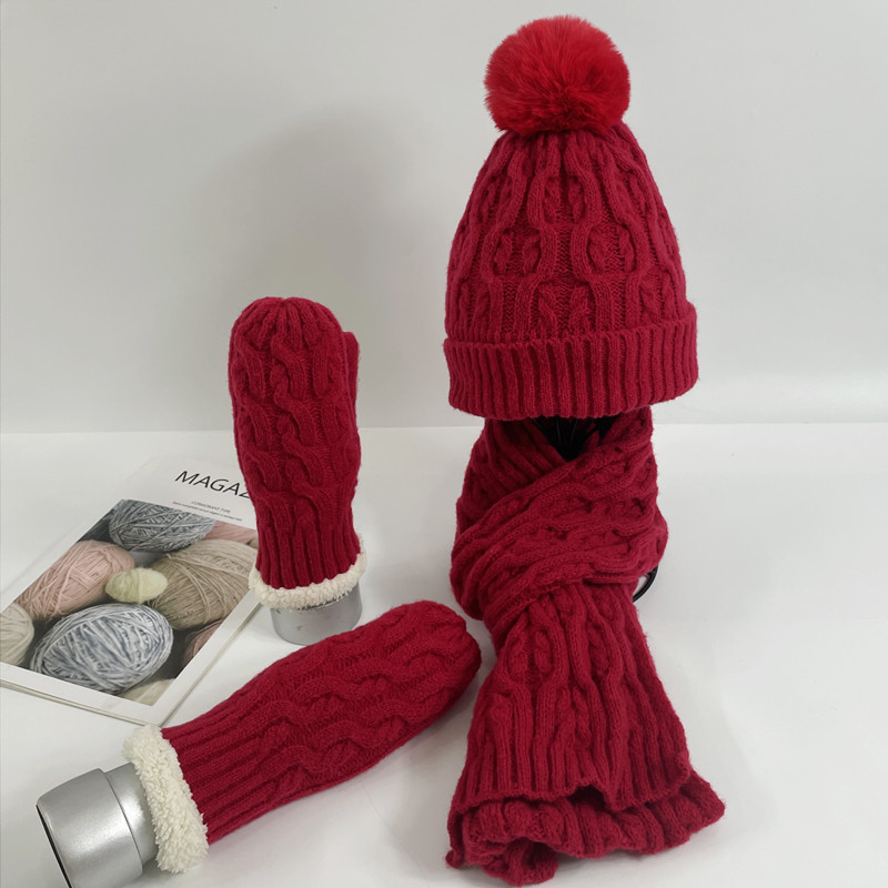 Winter hat for women with thick velvet and warm wool ball knitted wool hat scarf gloves three piece set windproof sleeve headband hat