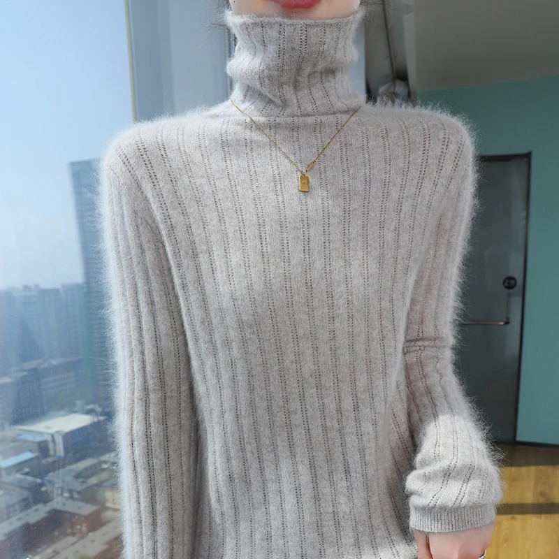 High neck 100% mink cashmere womens sweater autumn and winter style long sleeved knitted floral fashion version basic bottom top 241128