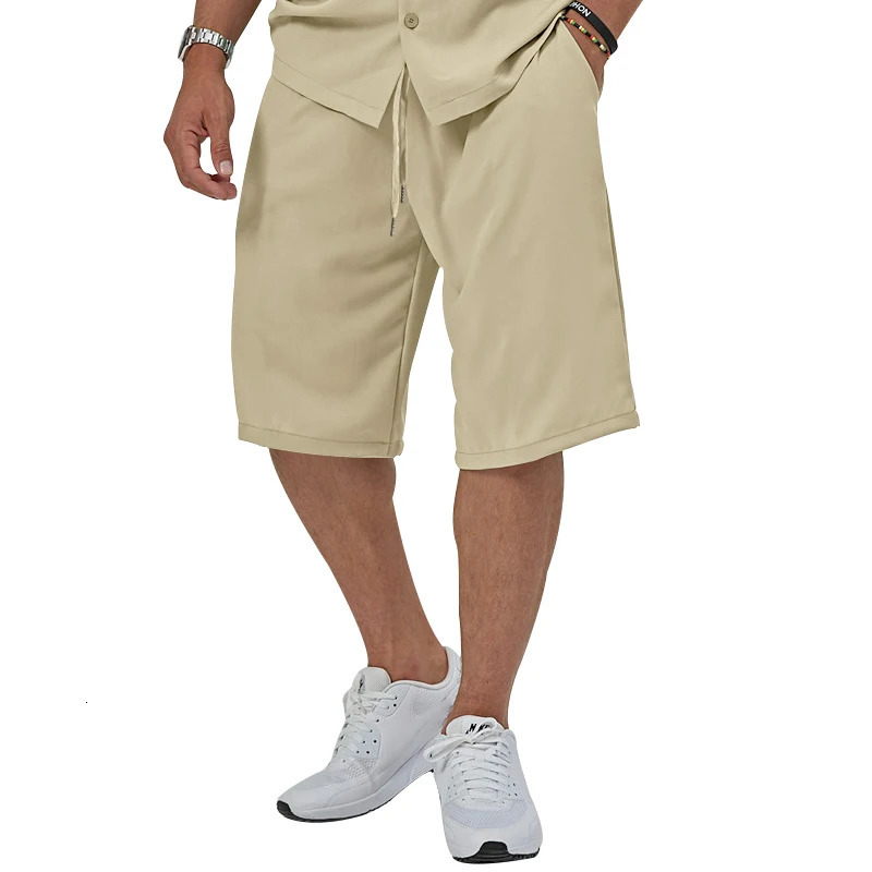 Mens 2Pcs Outfits Casual Lapel Button Up Short Sleeve Shirt And Drawstring Shorts Set For Summer Clothing Daily Lei 240415