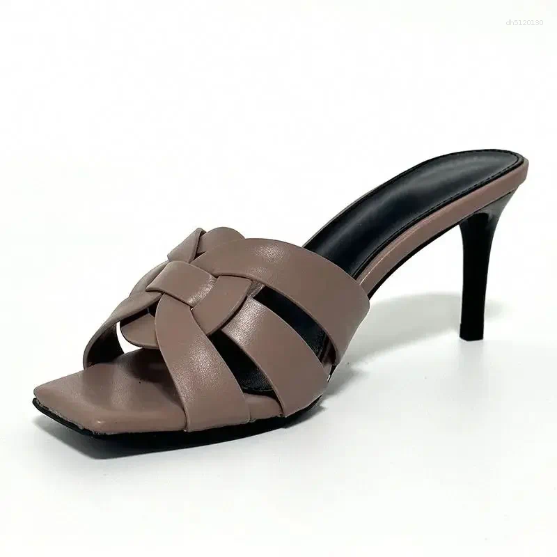 Solid Slippers Summer High Heel Woman Slipper Woven Sheep Leather Designer Runway Mule Peep Toe Multicolor Real Party Shoe