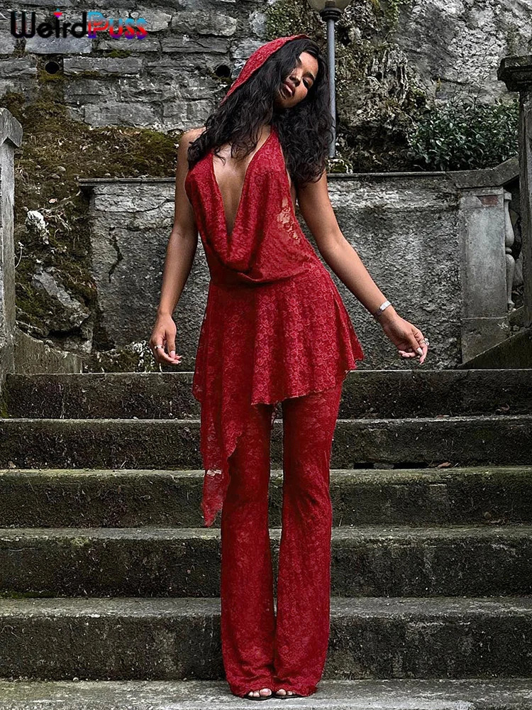 Weird Puss tie Sexy Women 2Piece Set Lace Sheer Hooded Backless Halter Tank TopsPants Vacation Clubwear Party Matching Suits 240423