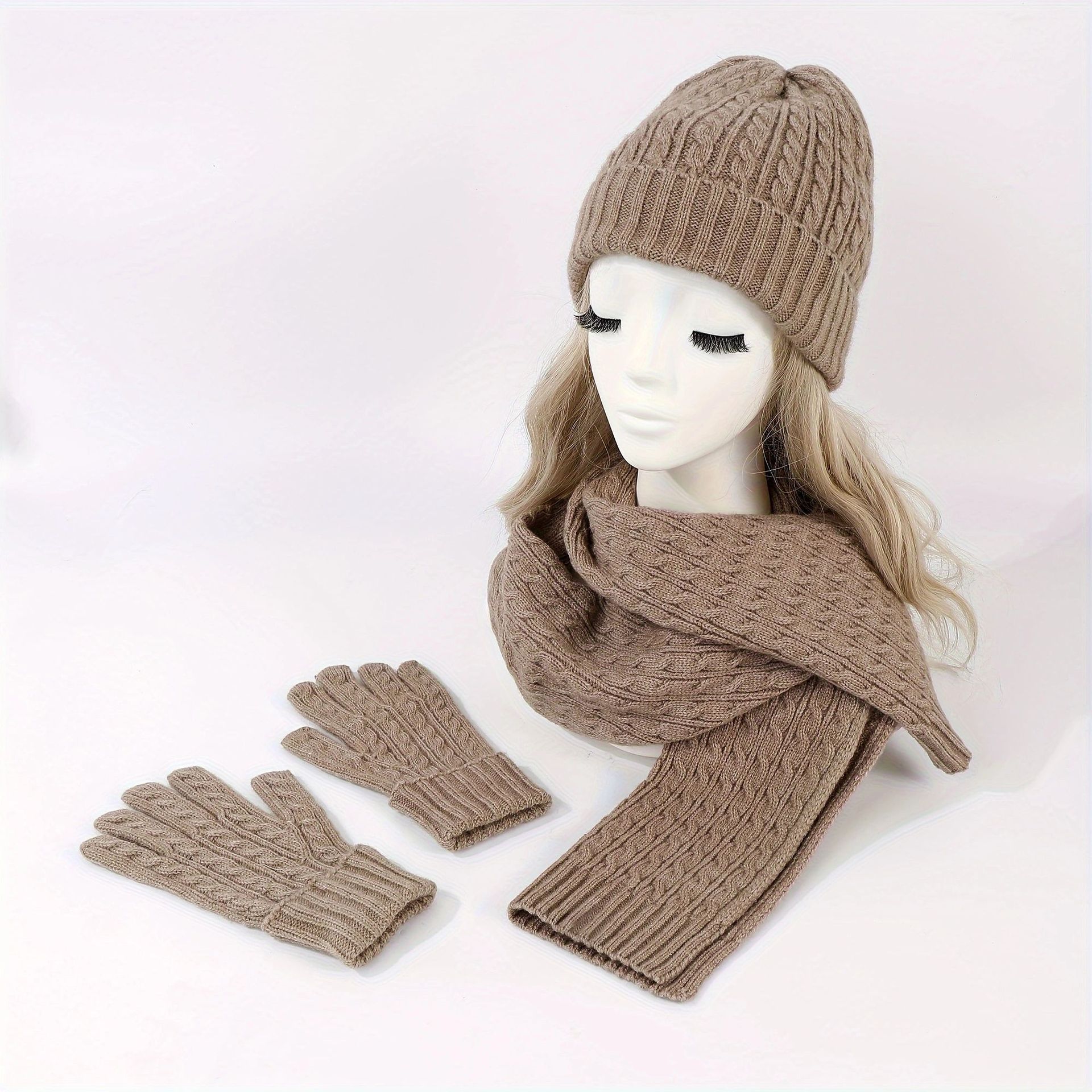 Winter European and American Fashion New Knitted Mask Hat Scarf One piece Women's Thickened Warm Autumn and Winter Solid Color Three piece Set