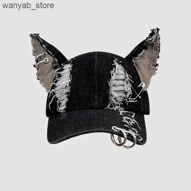 Beanie/Skull Caps Garbage style y2k Doberman dog ear wash denim baseball cap dark tie punk personality street hat tide L240910