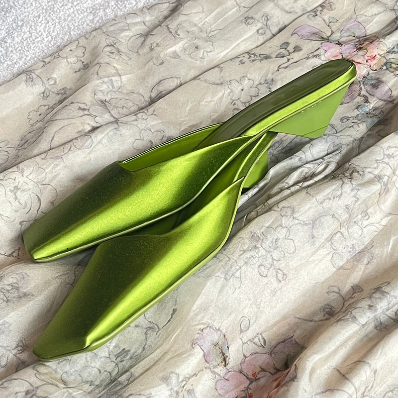 Elegant Green Satin Design Slippers Women 2024 Summer Fashion Middle Heel Square Toe Mules Loafers Brand Slide Sandals