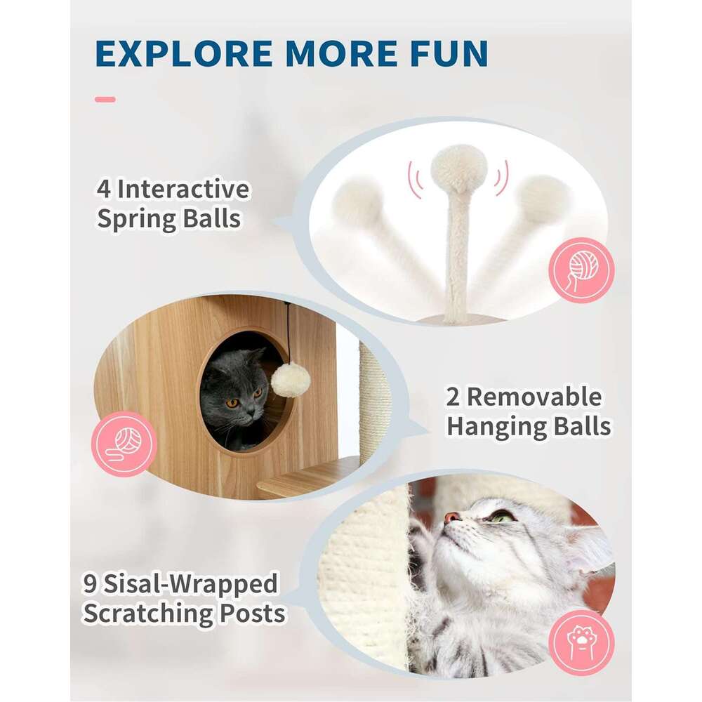 Made4Pets Modern Tree Large Cat, Wood Tower Heavy Duty with Scratch Post for Indoor Big Cats, Extra Tall Cat Condo Sturdy Frisco Castlel, 3-7days deli