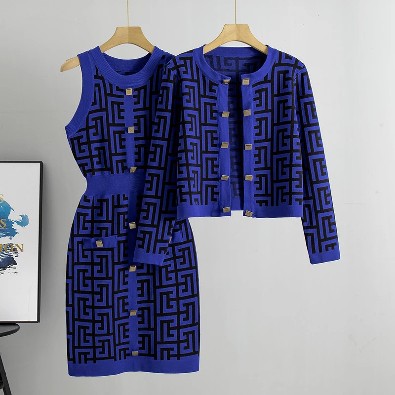 Women Suit Knitted Sweaters and Dress Two Pieces Set Spring Autumn Elegant Casual Knitwear Cardigans Jumpers Pull Femme 240423