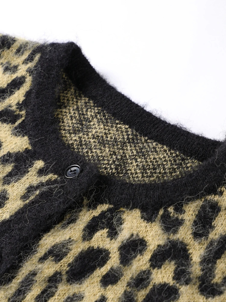 Fashion Knitted Leopard Print Mohair Sweater Cardigan Women Chic O-Neck Long Sleeve Sweater Elegant Lady Street Autumn Knitwear 241127