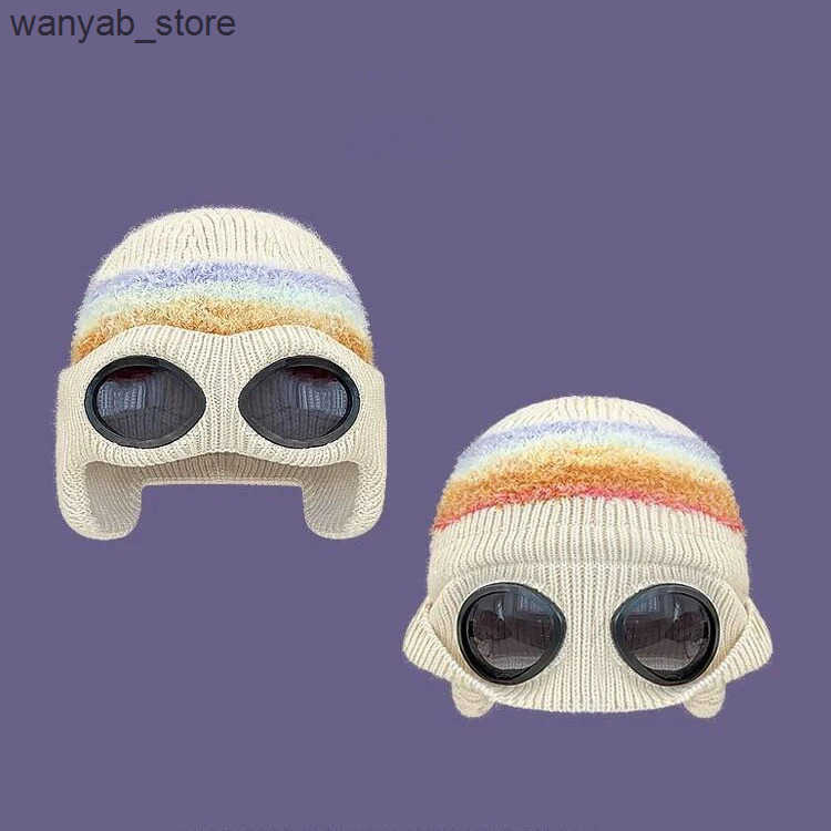 Beanie/Skull Caps Autumn and winter warm ski mask hat with sunglasses knitted and pulled Beanie womens outdoor ear protection sports cold hat Gorras L