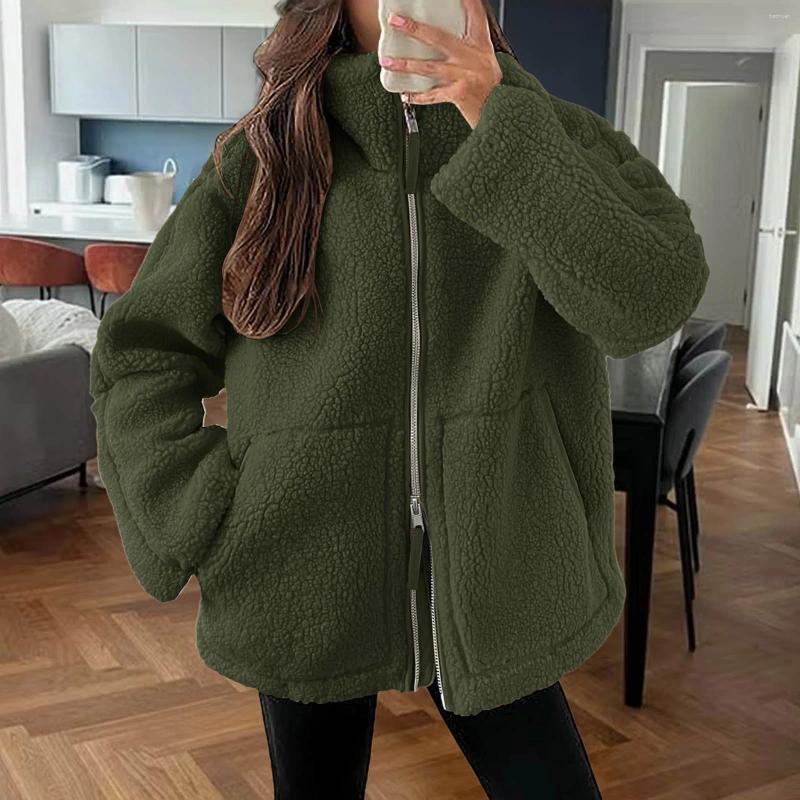 Women's Knits Fleece Women Outwears Coat Solid Color Warm Long Sleeve Stand Collar Loose Double Zip Lamb Wool Jackets Autumn Fashion