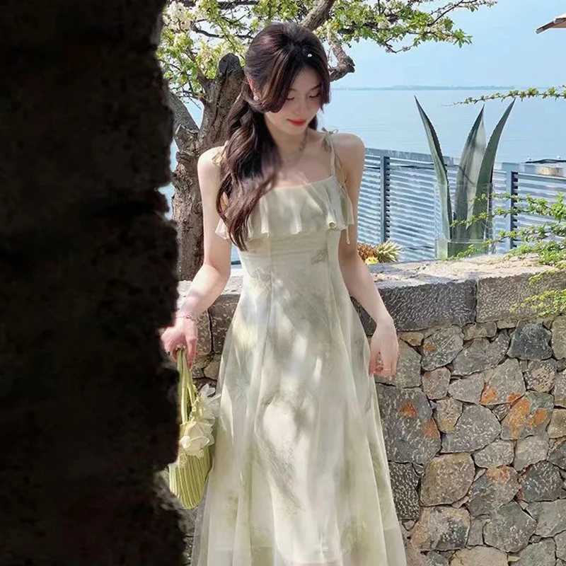 Womens Tie-Dye Floral Sveless Halter Dress Summer Waist Slim Long Dress Ruffle Le Hem Halter Tenderness DressesXJ2500207