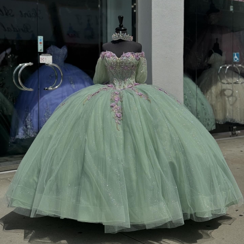 Mint Green Off-Shoulder Shiny Ball Gown Quinceanera Dresses 2025 Classic Applique Lace Beads Sweet 16 Dress Vestidos De 15 Anos