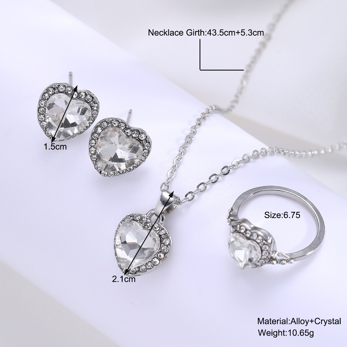 Cross-border new inlaid full of diamonds love zirconium necklace earrings ring set of three pieces of fashion high-class sense of jewelry