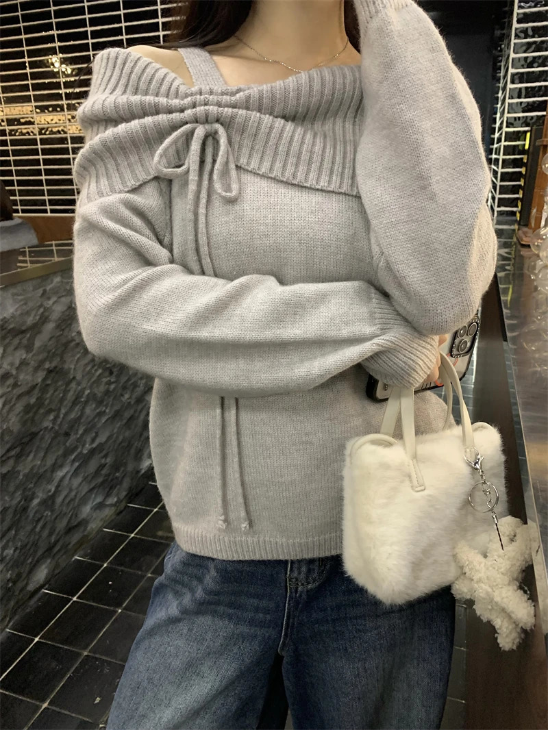 Winter Women Korean Fashion Pullovers Slash Neck er Knitwear Gyaru Long Sleeve Coquette Sweater Jumper 2000s s Y2k 241127