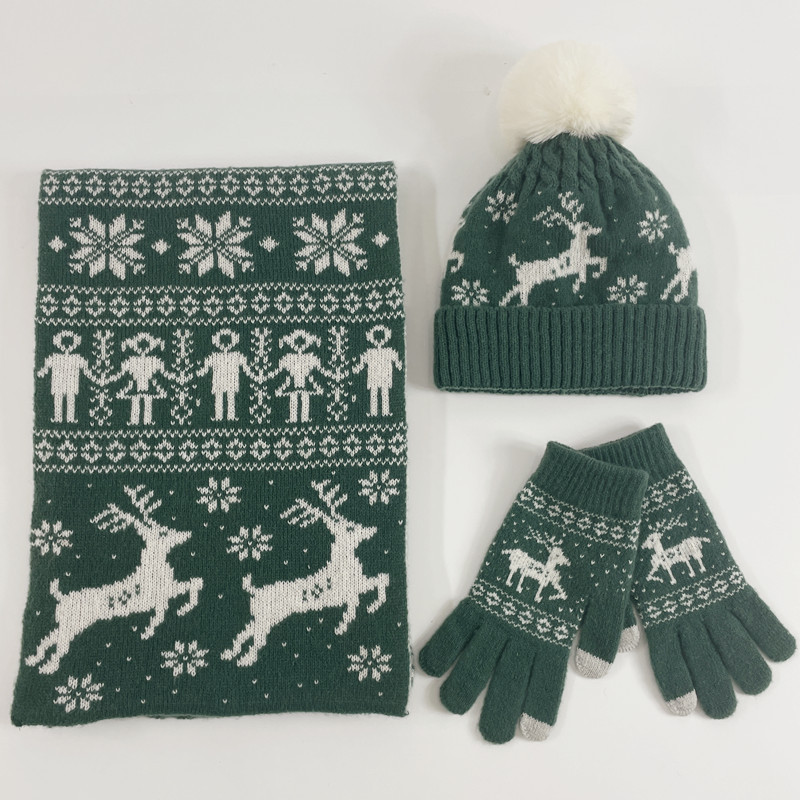 Christmas and Winter Knitted Wool with Velvet Hat Scarf Hat Glove One piece Deer Student Thick Warmth Set