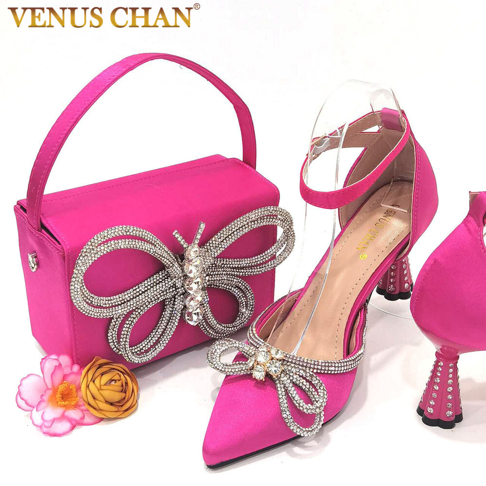 2023 Ladies Pointed-Toe Party High Heels Magenta Colour Bow Rhie Stereo Evening African Wedding Shoe And Bag Set