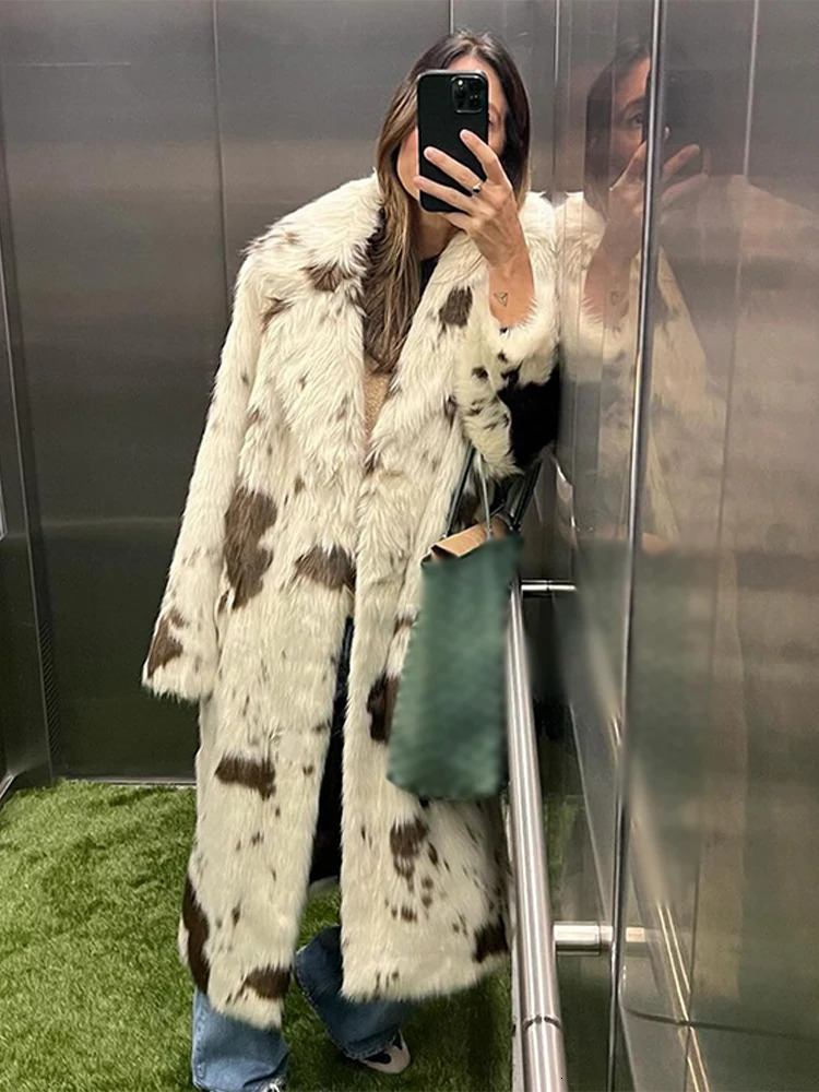 Spotted Leopard Faux Fur Coat Toka Suit Collar Women Effect Long Coats Fashion Elegant Fluffy Overcoat Winter Plush Outwear 241121Z