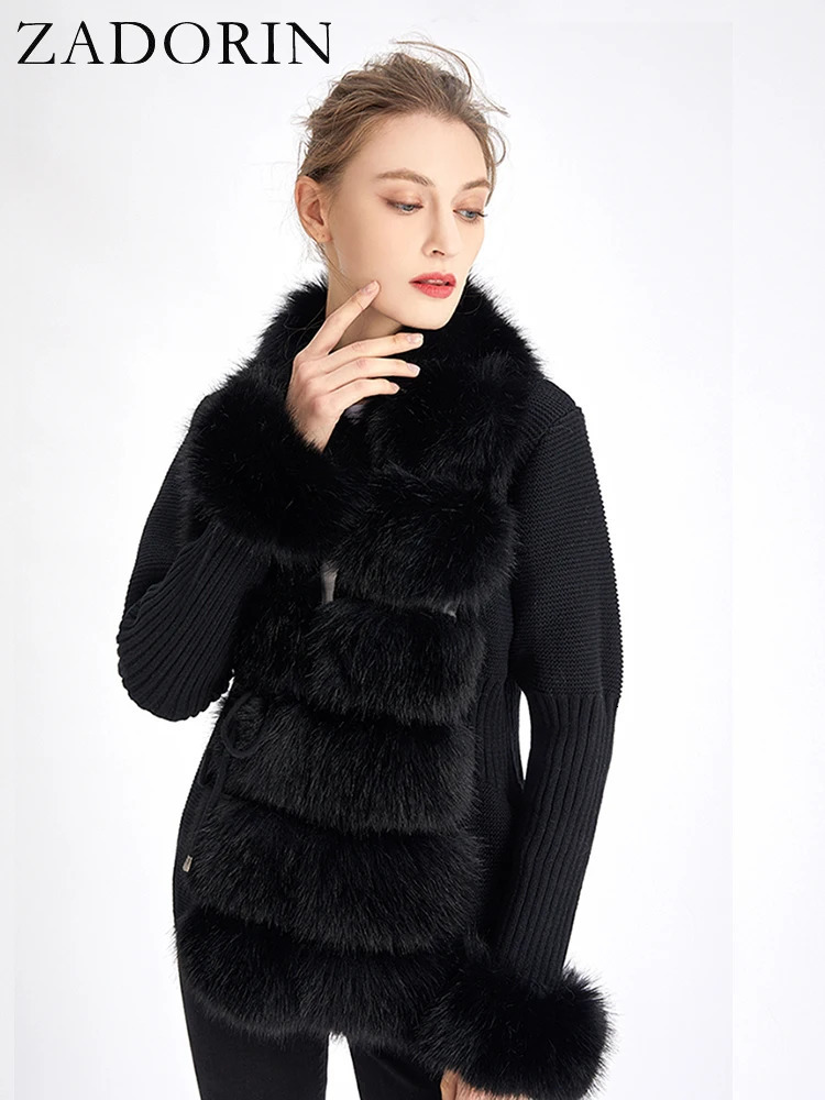 Zadorin Fall Winter Womens Faux Fur Coat Knitted Sweater Fur Open Fleece Sweater Detachable Collar White Pink Jacket Faux Fur Coat 241128