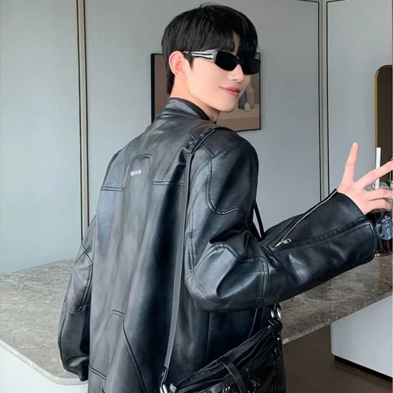 American Clean Fit Leather Jacket Mens Cropped Shoulders Padded Stand Up Collar Coat Autumn Street Slimming Casual Jacket 241127