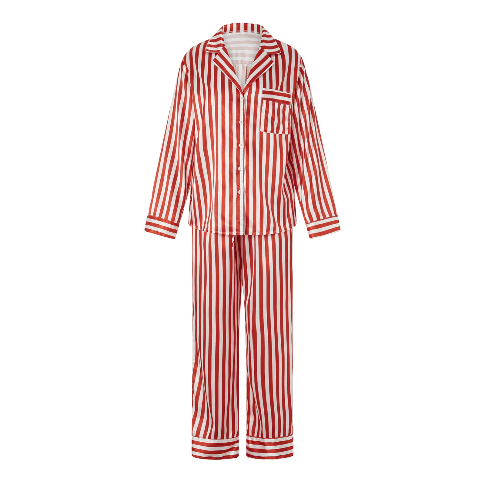 2024 Women Christmas Pajama Sets Striped Long Sleeve Satin Button Shirts with Wide Leg Long Pants Nightwear Sleepwear Loungewear 241127