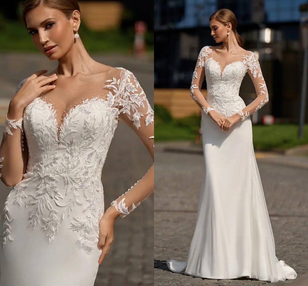 Elegant Mermaid Civil Wedding Dress 2024 V-Neck Long Sleeve Lace Appliques Backless Bride Gowns vestido de noivas robe de mariee