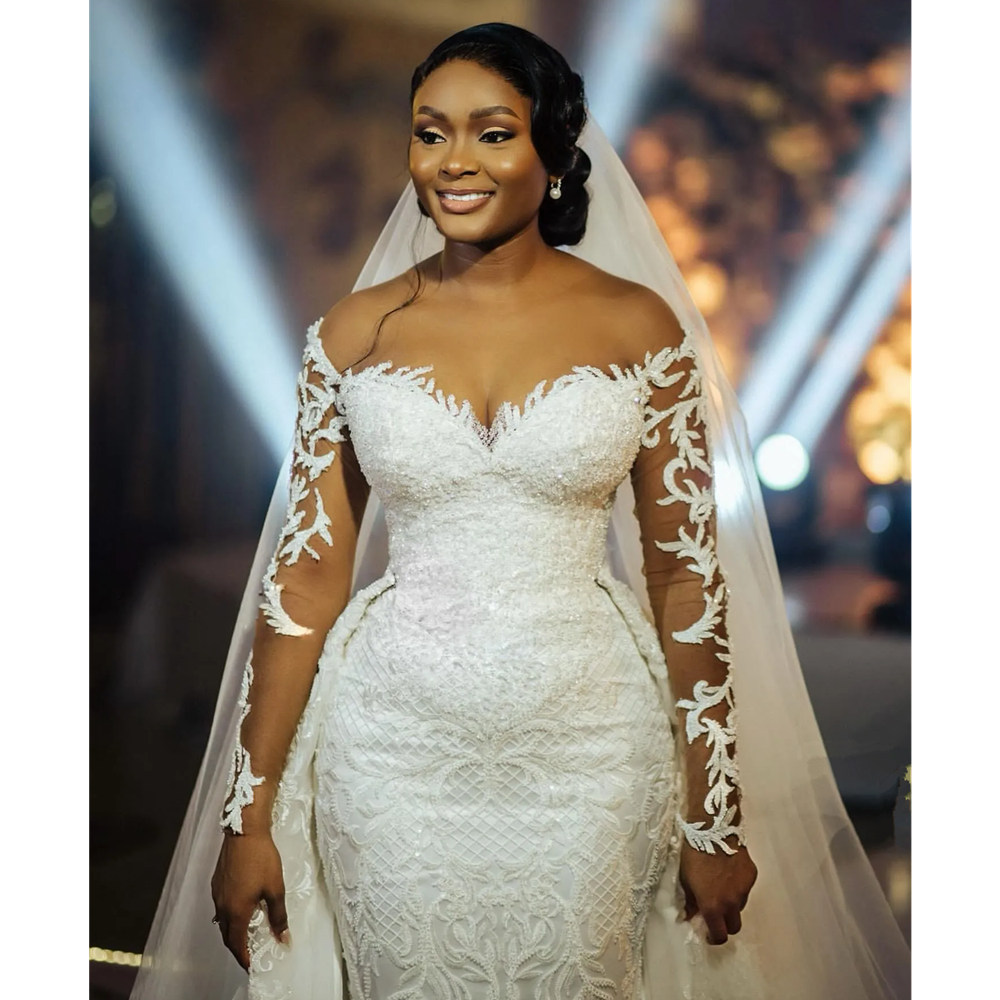 Arabic Aso Ebi Plus Size Ivory Mermaid Wedding Dresses Lace Beaded Detachable Train Bridal Gowns Dresses Flowers Lace Appliqued Princess Vintage