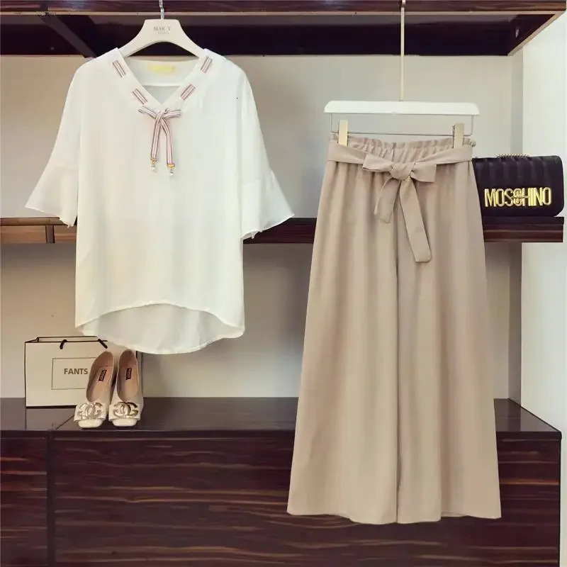 Plus Size Summer Fashion Mini Weight Loss Chiffon Bell Bottom Elegant Womens 2-piece Set with Coordinated Style... 241127