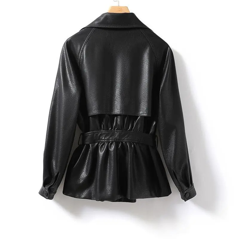 Fashion leather jacket for women with loose waist strap spring/summer black casual and fashionable 241128
