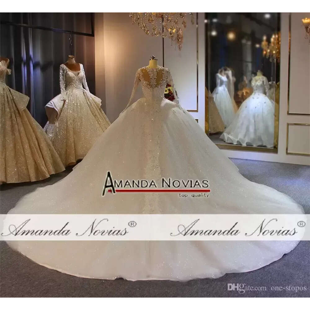 Crystal Neck Made Custom High Lace Ball Wedding Dresses Muslim Long Sleeves Open Back Plus Size Bridal Gown Vestidos De Noiva