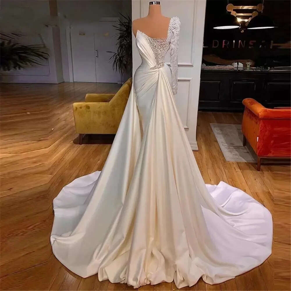 Dresses Mermaid Wedding Sexy White Illusion Pearls Beadings One Shoulder Satin Long Sleeve Plus Size Bridal Gowns Vestidos De Novia Bes