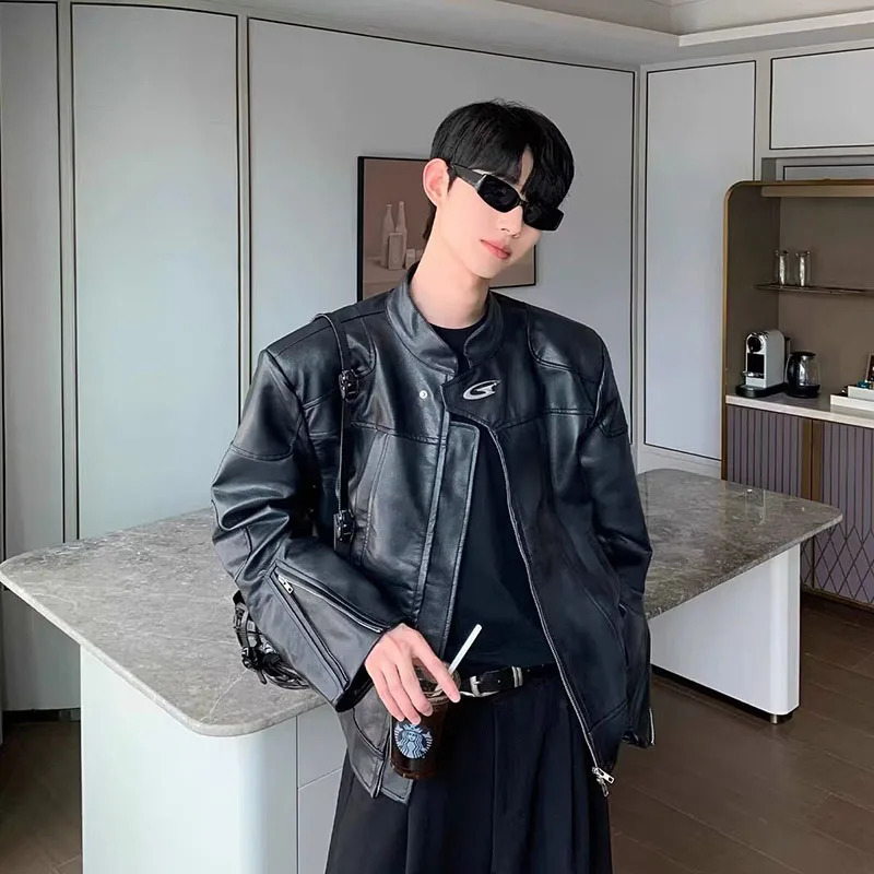 American Clean Fit Leather Jacket Mens Cropped Shoulders Padded Stand Up Collar Coat Autumn Street Slimming Casual Jacket 241127