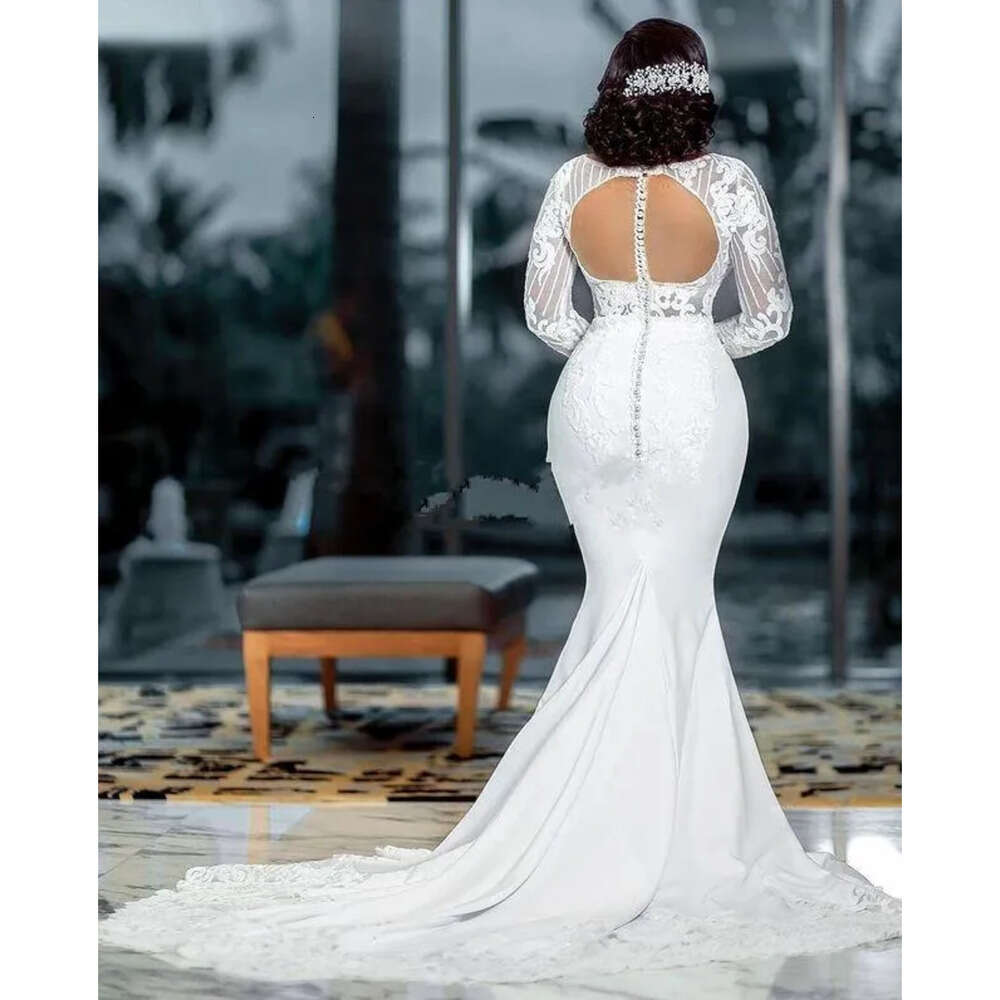 Size Arabic Lace Plus White Aso Ebi Beaded Mermaid Wedding Gowns Long Sleeves Covered Buttons Back African Bridal Party Dresses Wjy