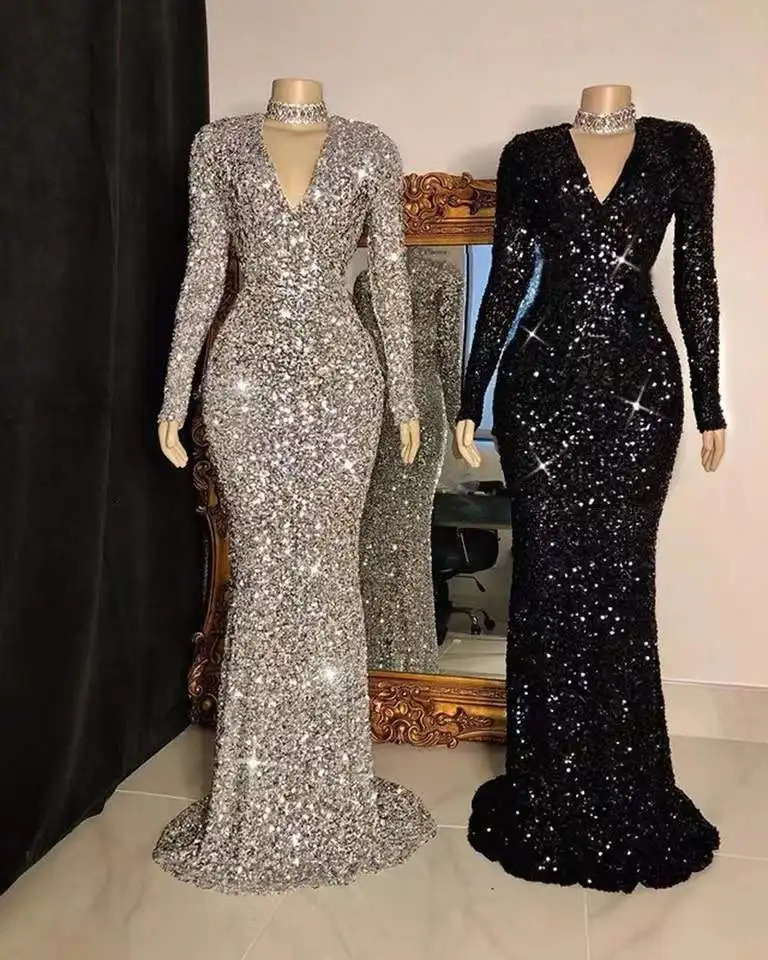 Partysix Womens Gray V-Neck Sequin Maxi - Long Sleeve Elegant Evening Party Dress with Trailing Skirt C260311