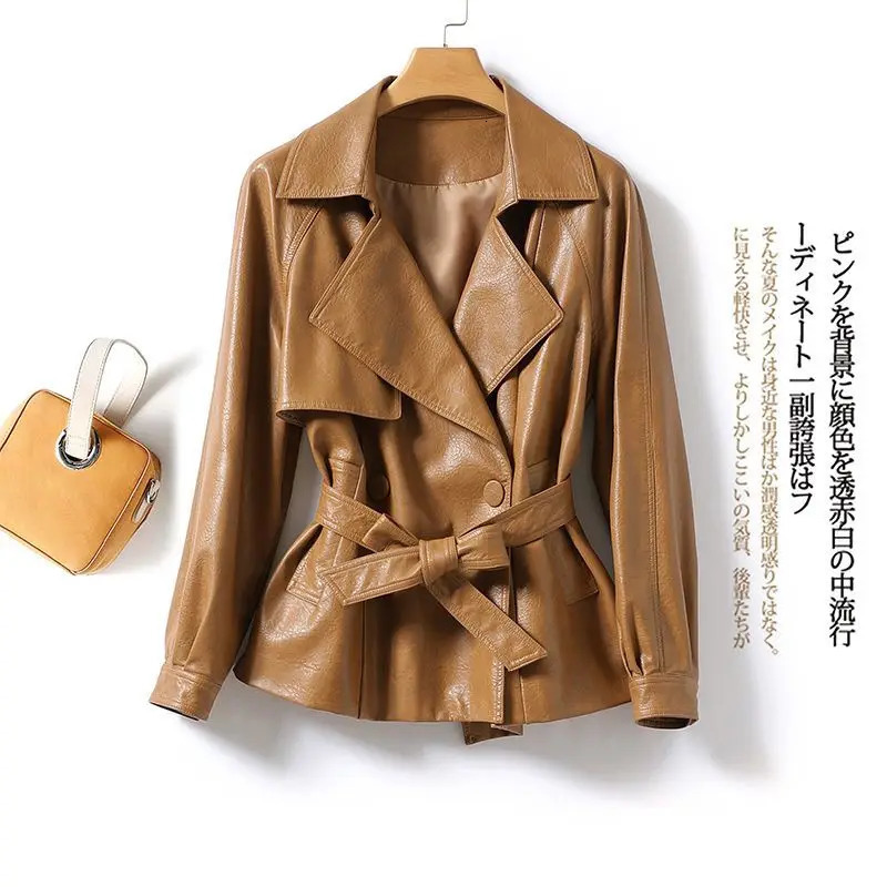 Fashion leather jacket for women with loose waist strap spring/summer black casual and fashionable 241128