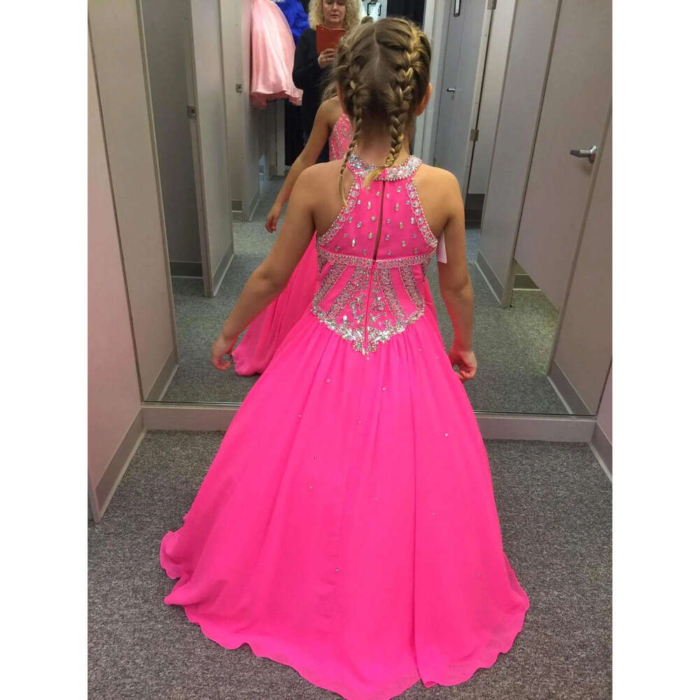 Chiffon Beaded Girls Halter Fuchsia Rhinestones Top A Line Floor Length Girl S Pageant Dresses Ba