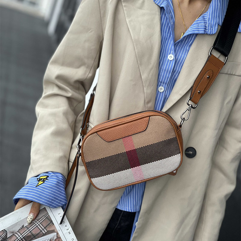Free Shipping Real Leather Women's Small Canvas Crossbody New Wide Strap Fashionable Square Flip Designer Shoulder Plaid Bag