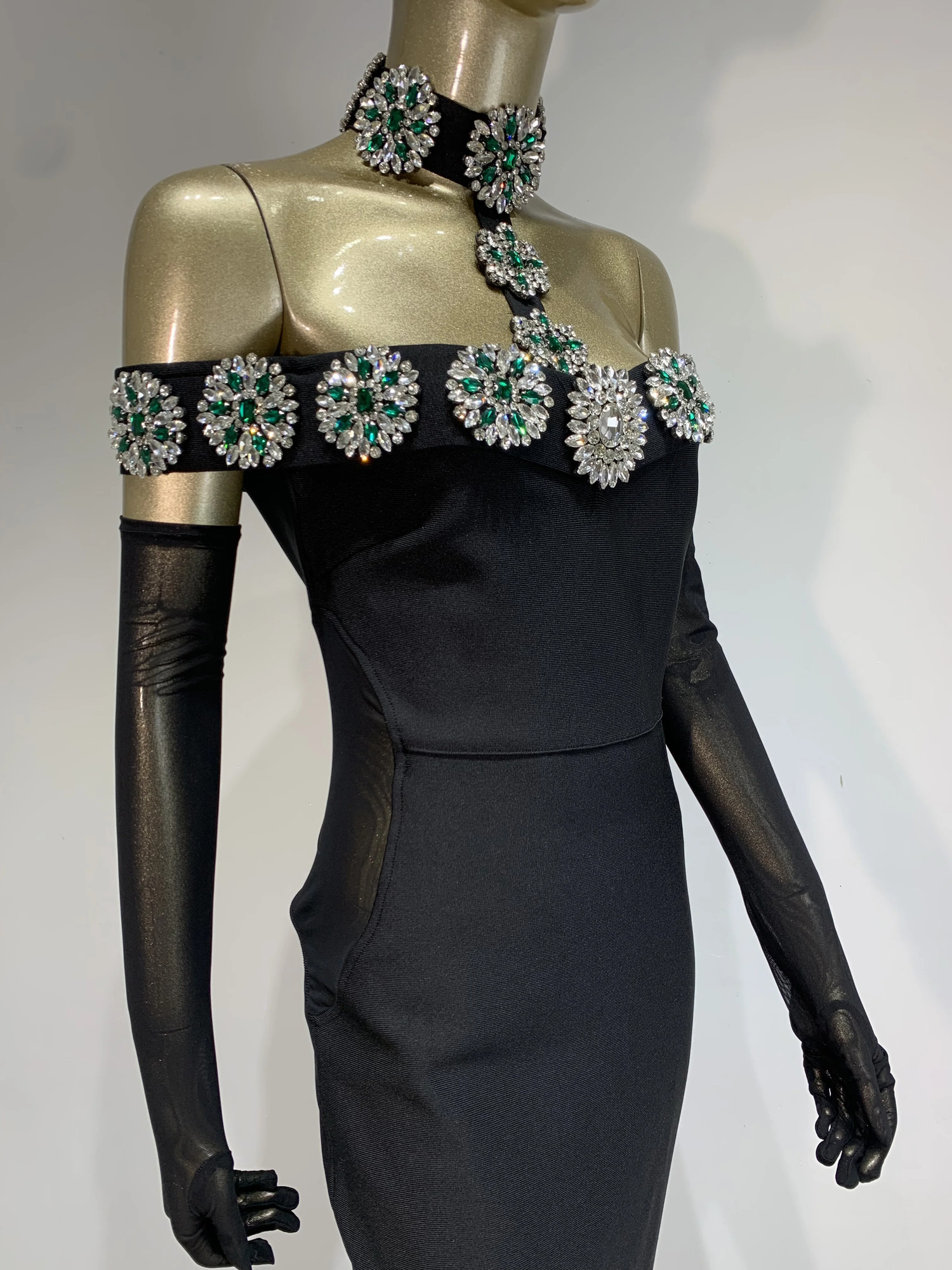 Summer Bandage Dress Women Celebrity Sexy Diamonds Crystal Black Maxi Long Bodycon Elegant Evening Club Party 241126