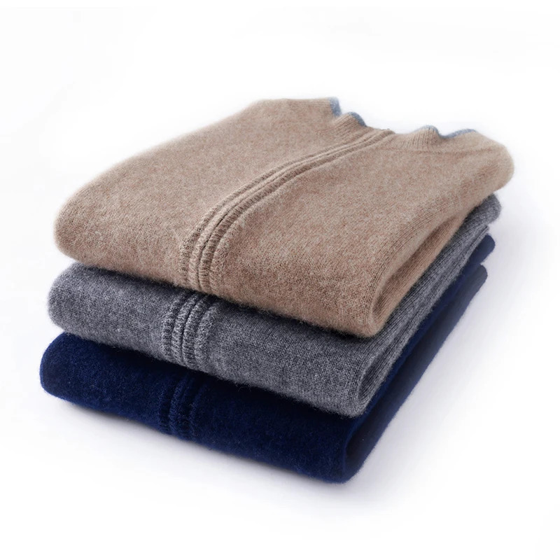 AutumnWinter 100% Pure Cashmere Sweater Mens Half High Neck Knitted Zippered Cardigan Solid Color Wool Top Coat 241127