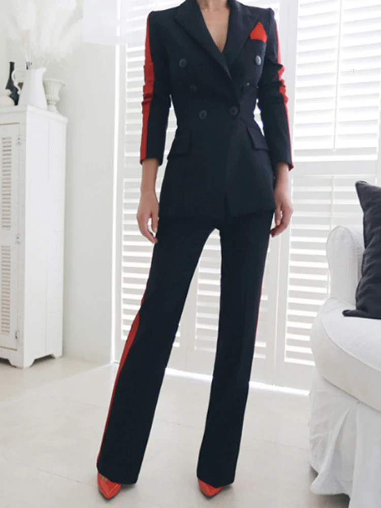 Formal 2 Pieces Outfits Elegant Women Mujer Temperament Double Breasted Slim Outwear Blazer Suit Long Pants Trouser Suits Sets 241126