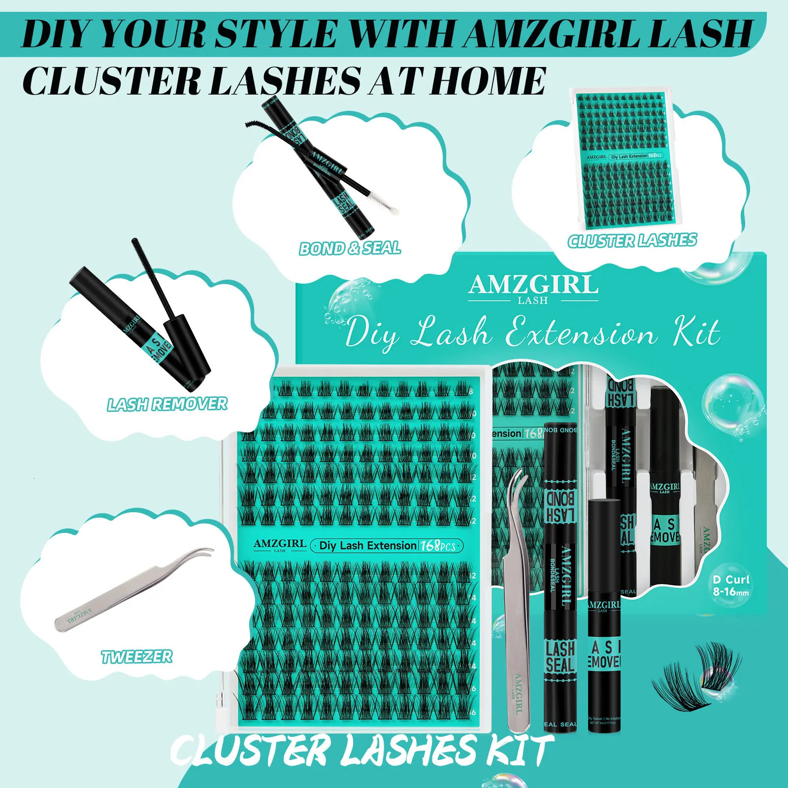 AMZGIRL LASH 168pcs DIY Eyelashes Kit Cluster Lashes D Curl Waterproof Bond and Seal with Remover Tweezer Easy Apply Premade Fan 241128
