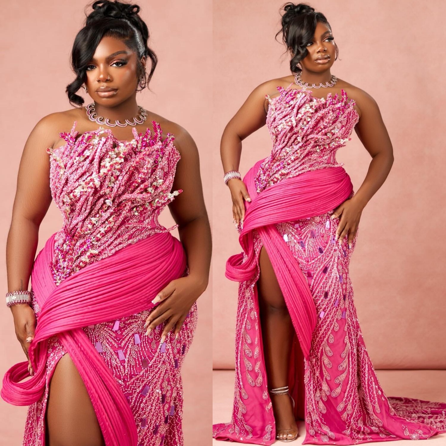 Fuchsia Mermaid Prom Dresses 2024 Rhinestones Sequined Lace Stylish Evening Formal Party Second Birthday Engagement Gowns Plus Size Dress For Special 